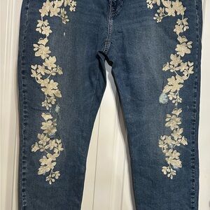 Lucky Brand Blue and Cream Boyfriend Jeans with Floral Embroidery